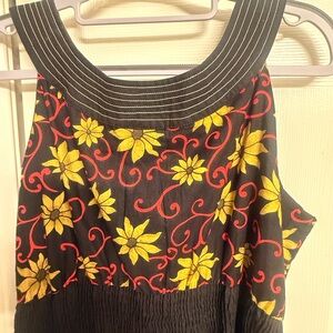 Love the neckline Black Floral Dress.Yellow & Red Print.Gathered umpired waist